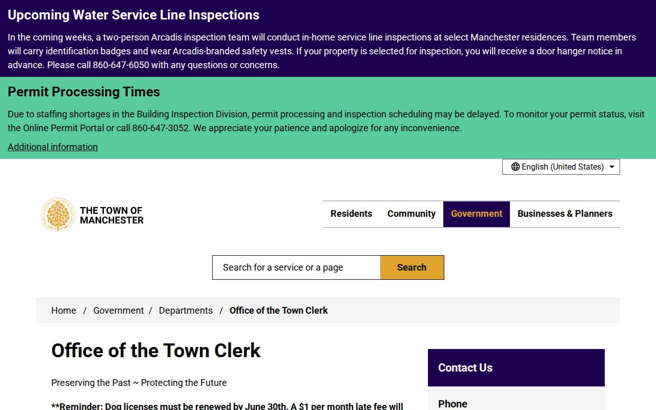 Manchester Town Clerk public office webpage
