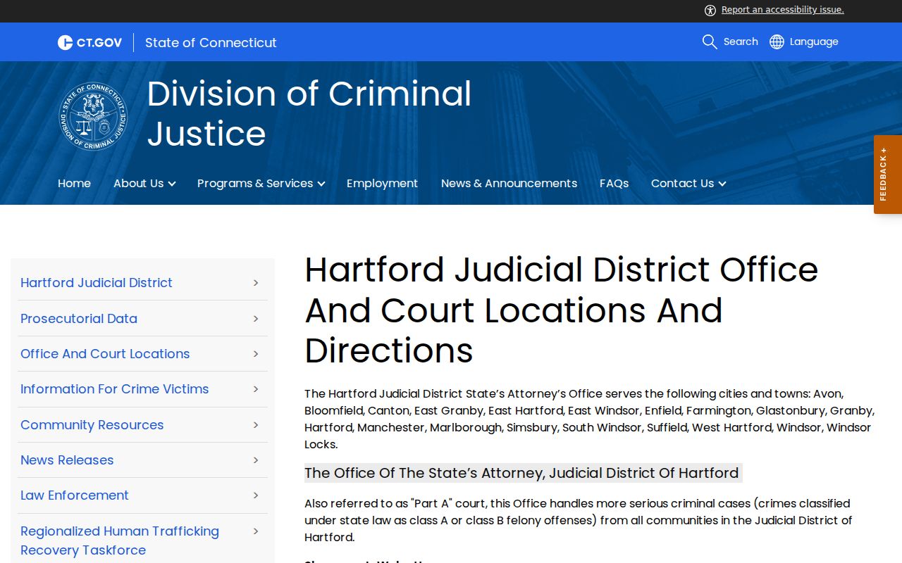 Manchester County arrest warrant Hartford Judicial District court routing