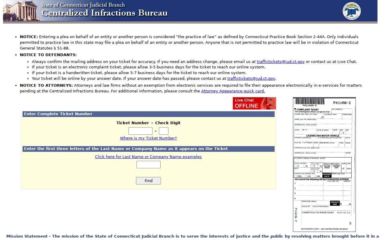 Connecticut Centralized Infractions Bureau online payment entry page