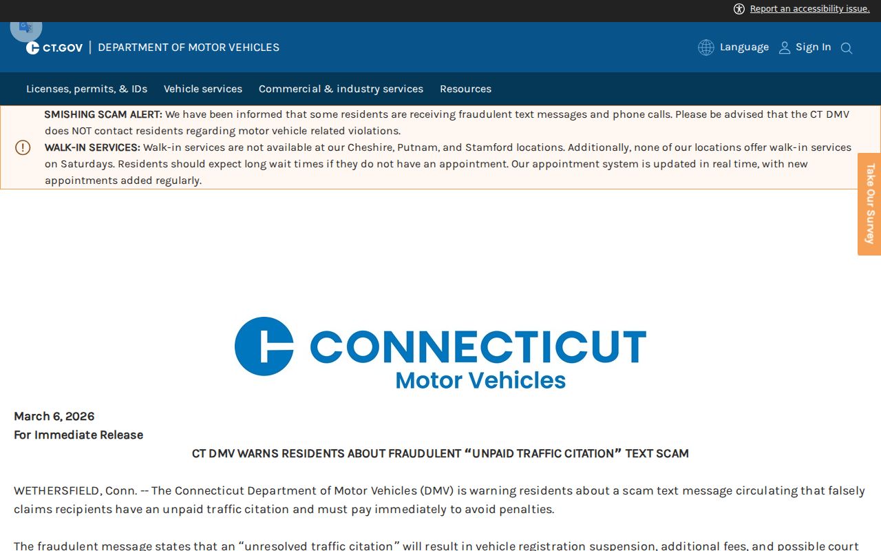 Connecticut DMV warning about fraudulent traffic citation payment messages