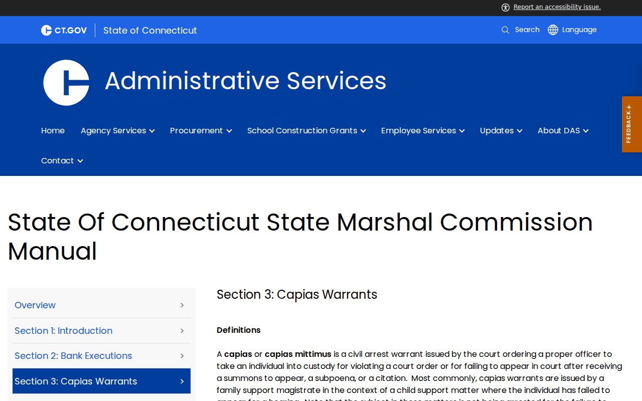 Connecticut state marshal guidance for civil and family support capias process