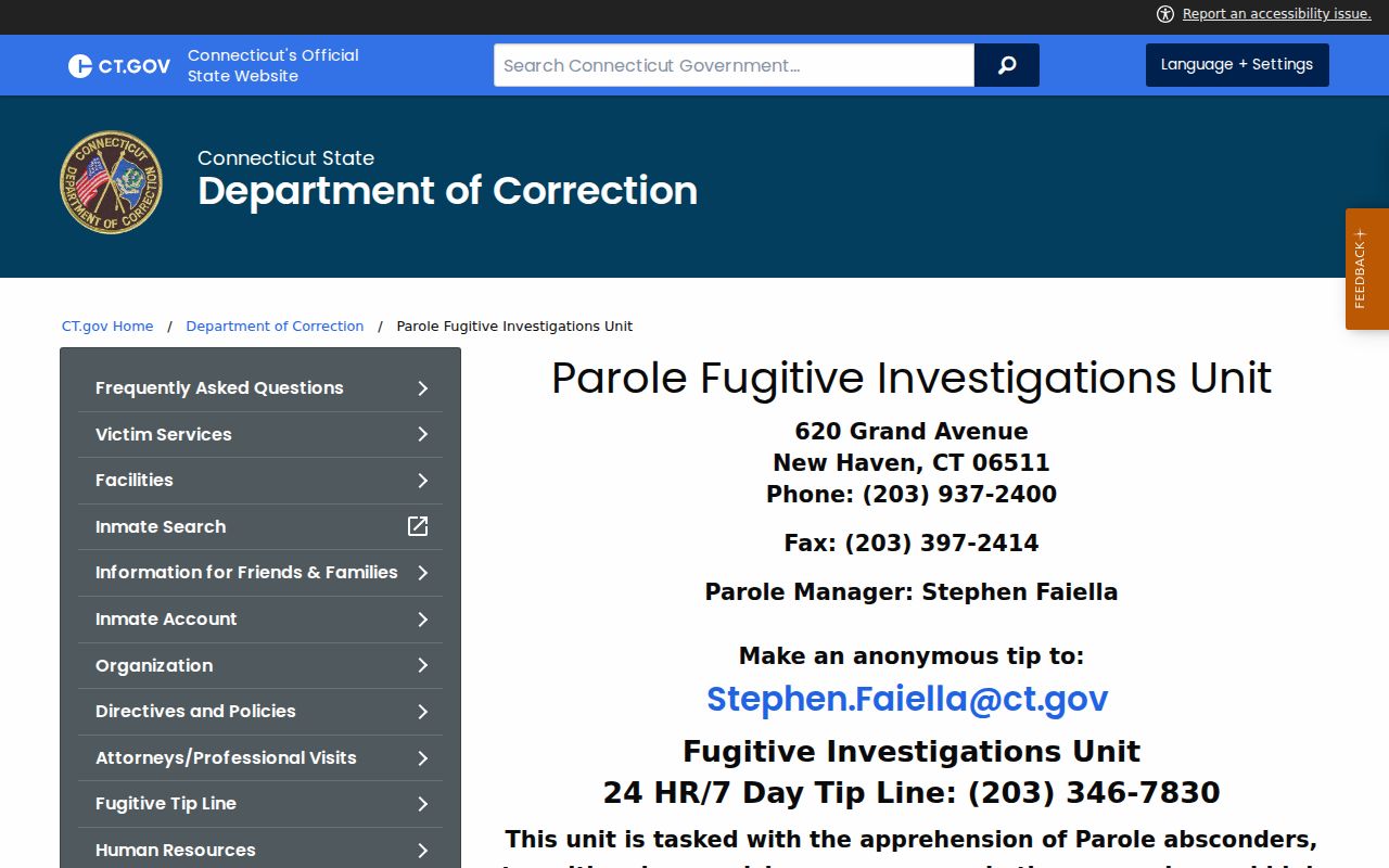 Connecticut Department of Correction parole fugitive investigations program