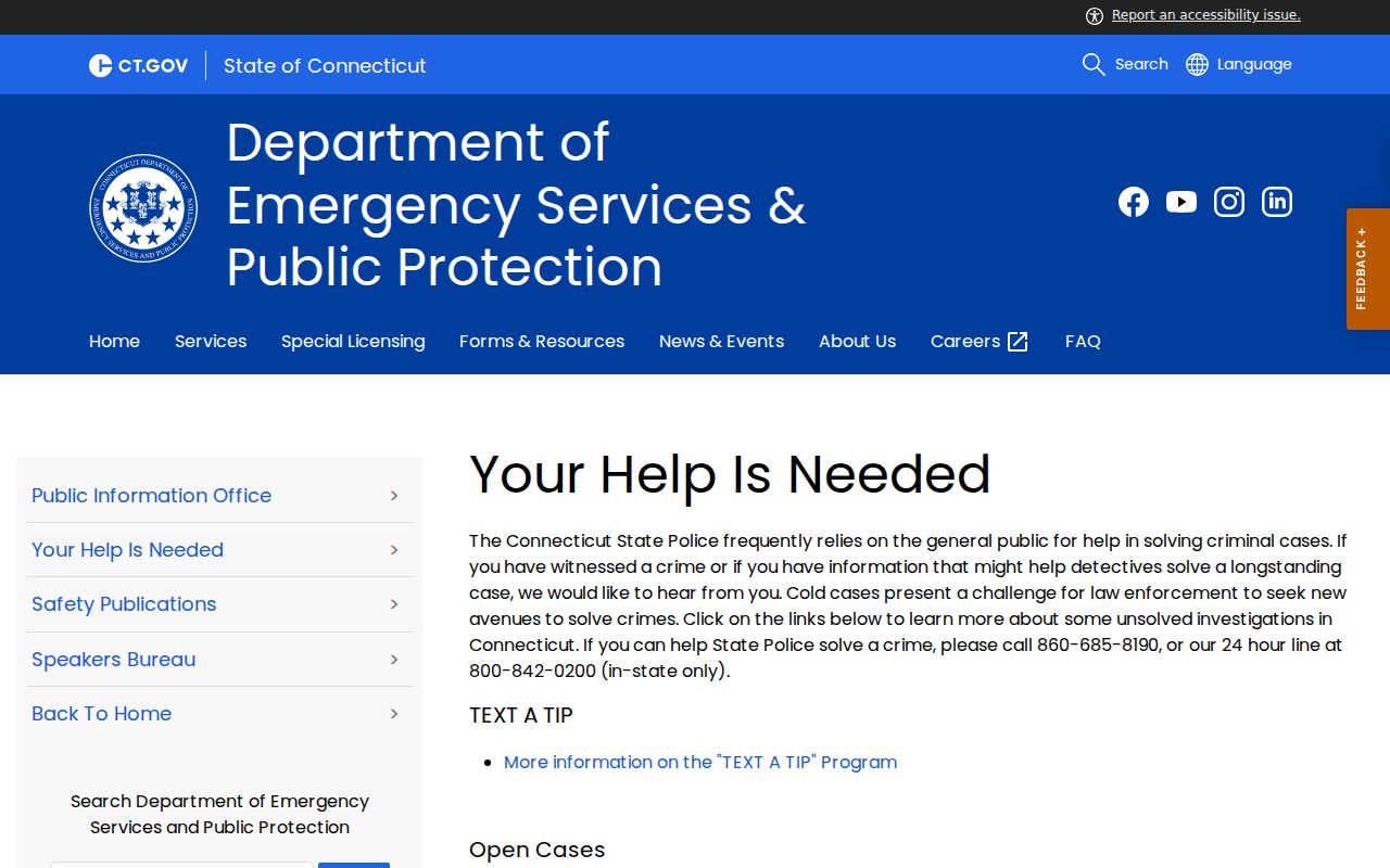Connecticut State Police official public tip program page