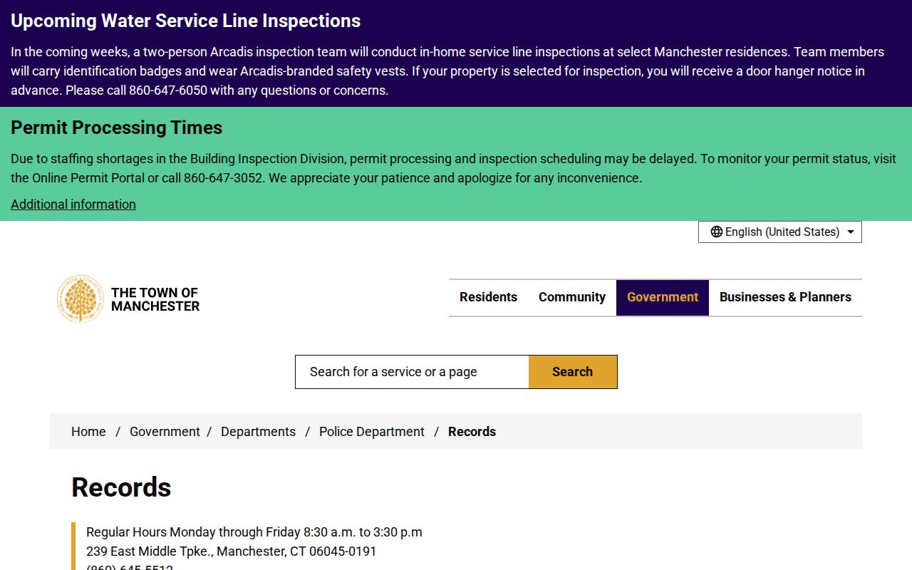 Manchester County warrant records Police Records Division hours